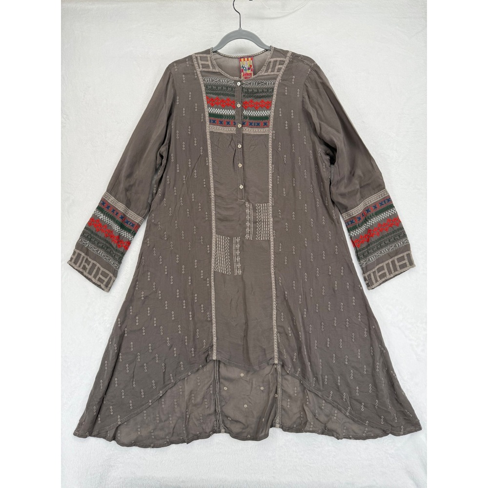 Johnny Was Embroidered Eyelet Tunic Dress High Low Hem Brown Size L